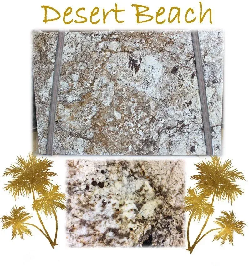 Desert Beach granite slab with beige, brown, and white patterns, sample below, palm tree graphics.