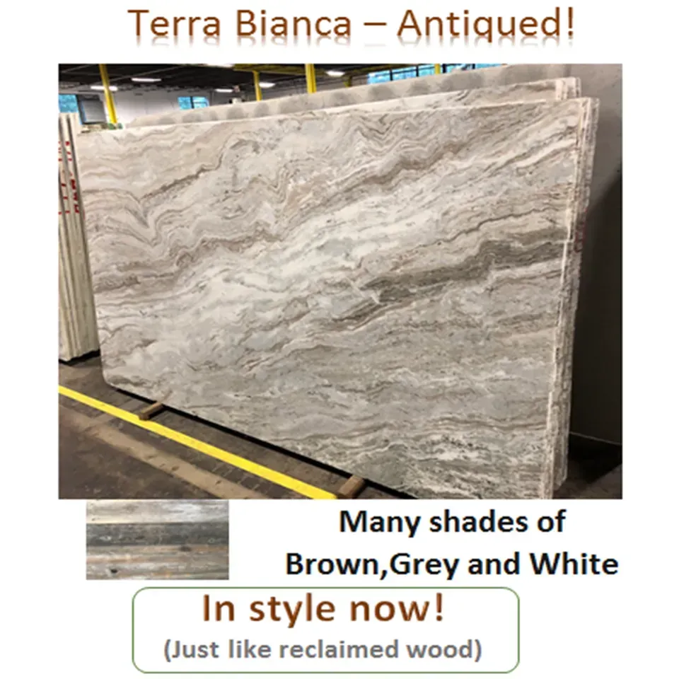 Terra Bianca stone slab with brown, grey, and white swirls, antiqued,