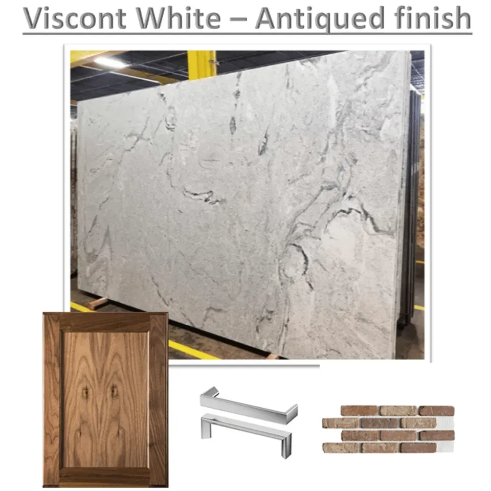 Viscount White granite slab with antique finish, wood cabinet door, metal handles, and brick tile.