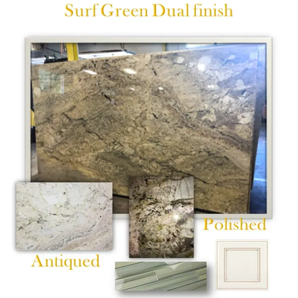 Surf Green granite slab with dual finish samples: antiqued, polished, and a cabinet door.