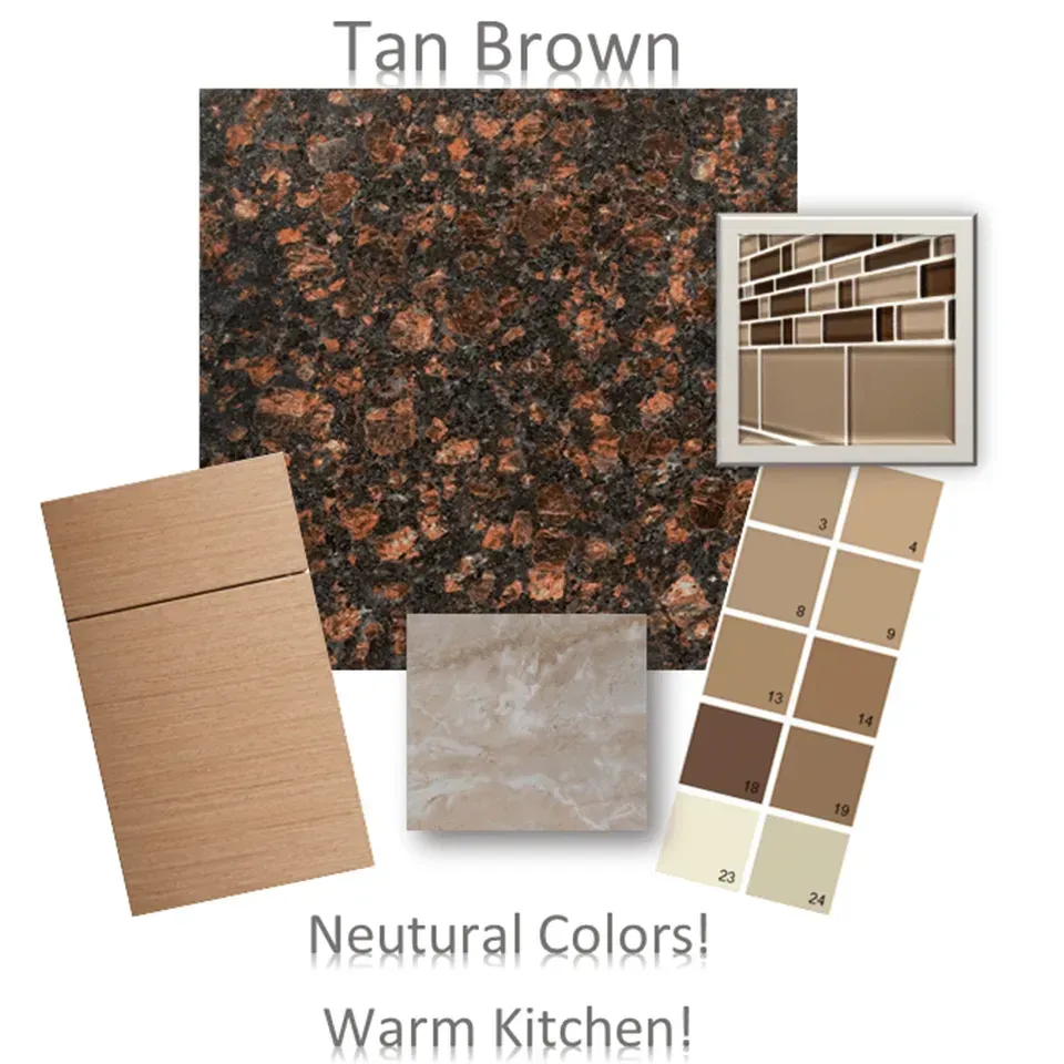 Color scheme for a warm kitchen, showcasing tan brown granite, cabinetry, tiles, and neutral paint swatches.