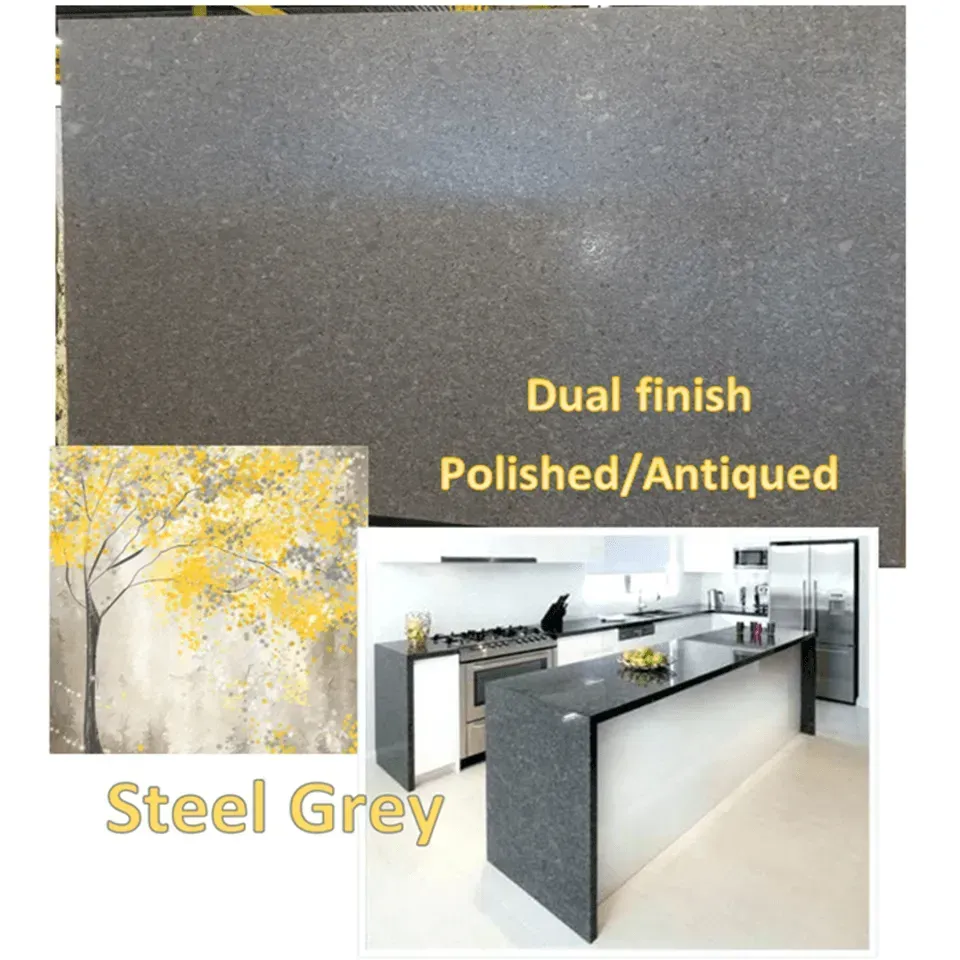 Steel grey countertop with dual finish (polished/antiqued) shown in a kitchen setting and sample swatch.