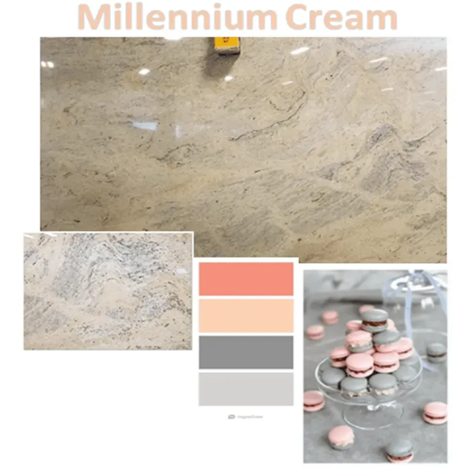 Millennium Cream granite sample with coral, peach, gray color palette and macarons.