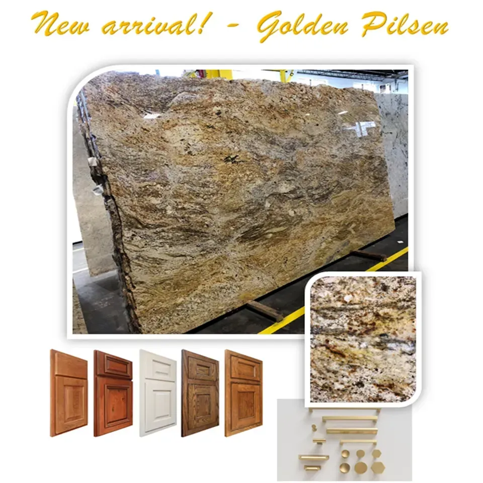 Large slab of golden granite, with inset image and cabinet door color samples, plus gold hardware.