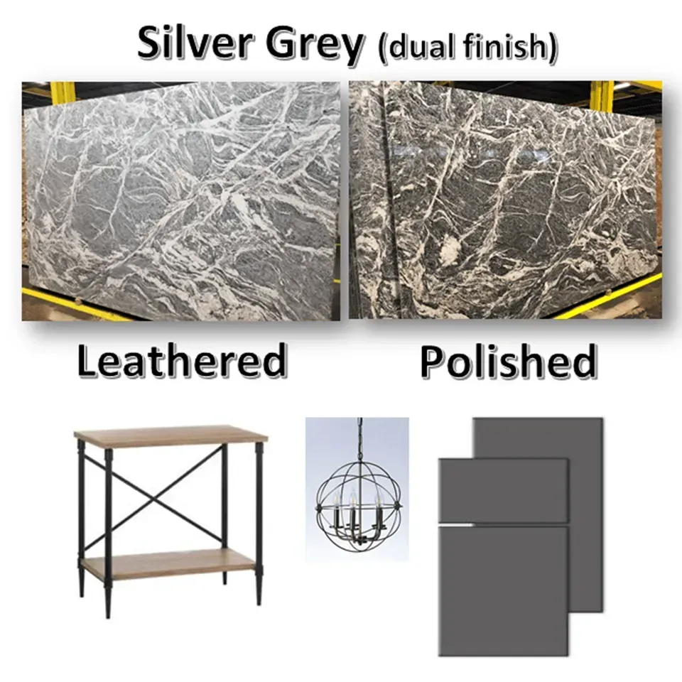 Silver Grey dual finish marble slabs, with leathered and polished options, paired with furniture ideas.