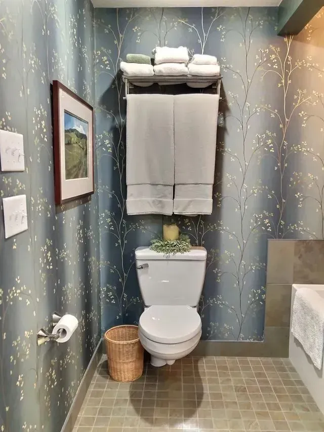 Bathroom with toilet, towel rack, and decorative wallpaper.