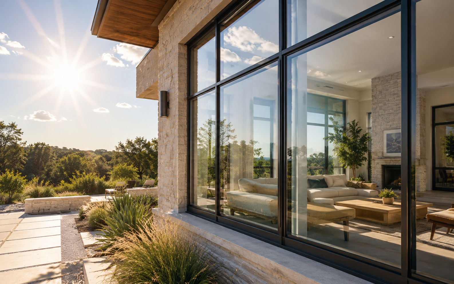 Modern Texas home with large energy-efficient windows reflecting bright afternoon sunlight