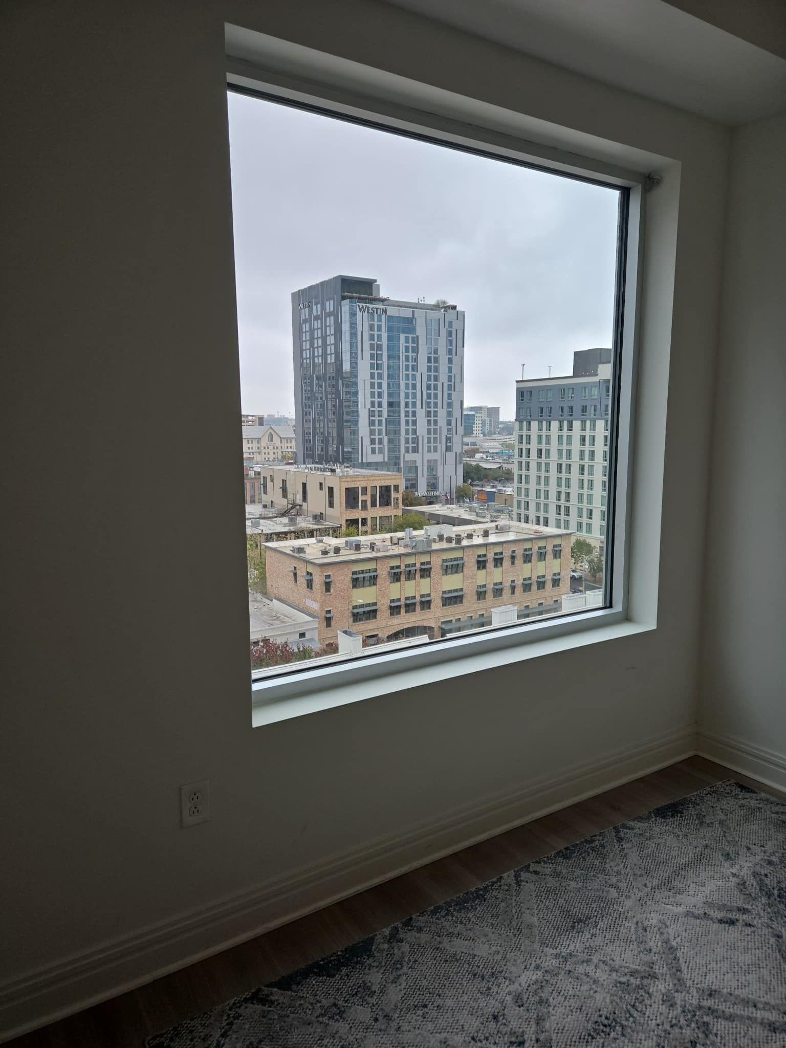 View from a window of city buildings on an overcast day; interior with carpet, white walls, and a roller shade.