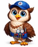 Cartoon owl in a blue cap and tool belt, holding tools with a cheerful expression.