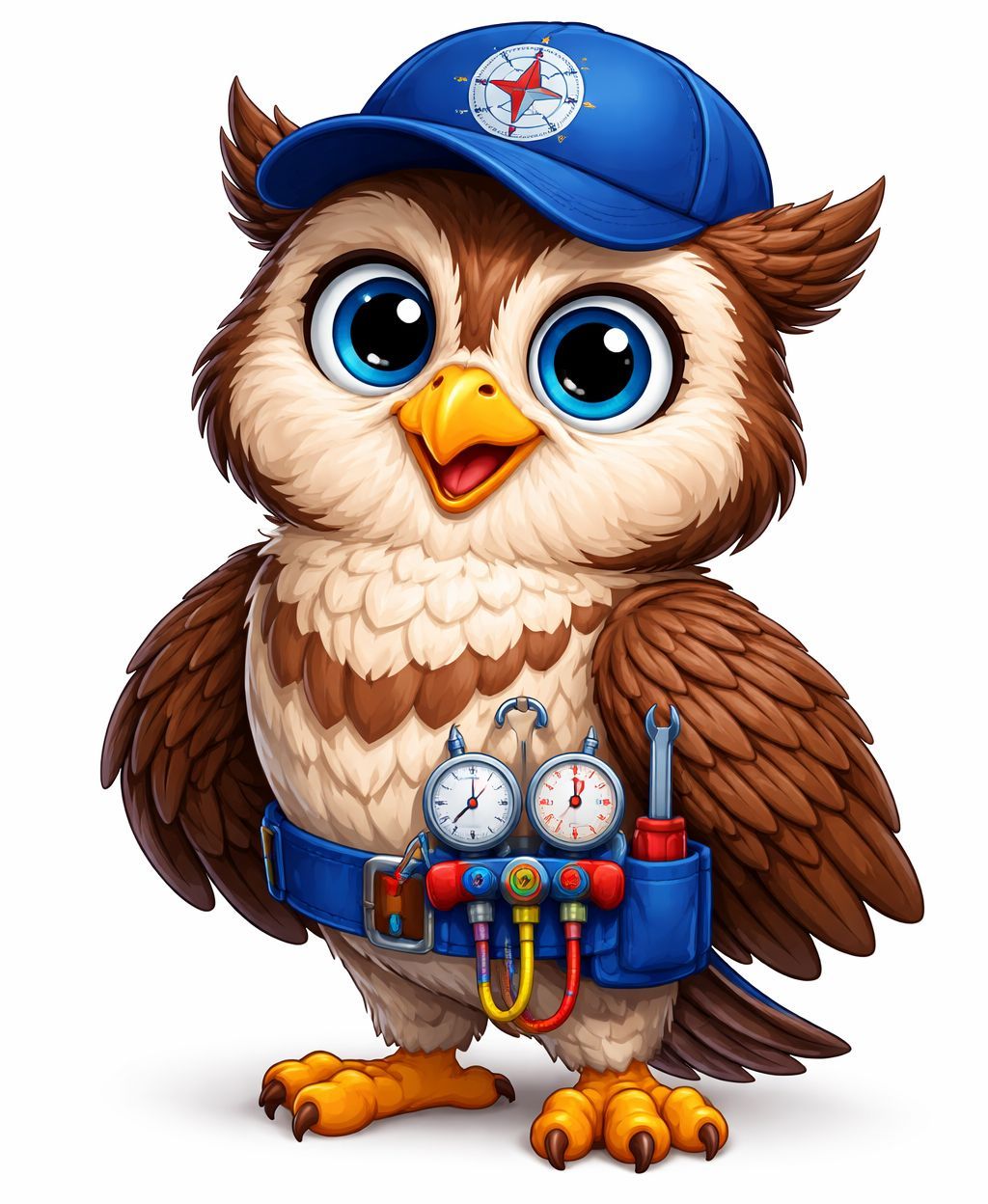Cartoon owl in a blue cap and tool belt, holding tools with a cheerful expression.
