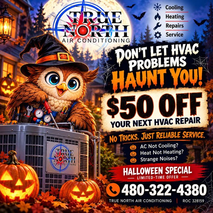 Halloween HVAC ad with offer $50 off service in orange and black