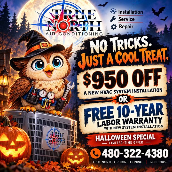 Halloween HVAC ad with offer: $950 off or free 10-year labor warranty.