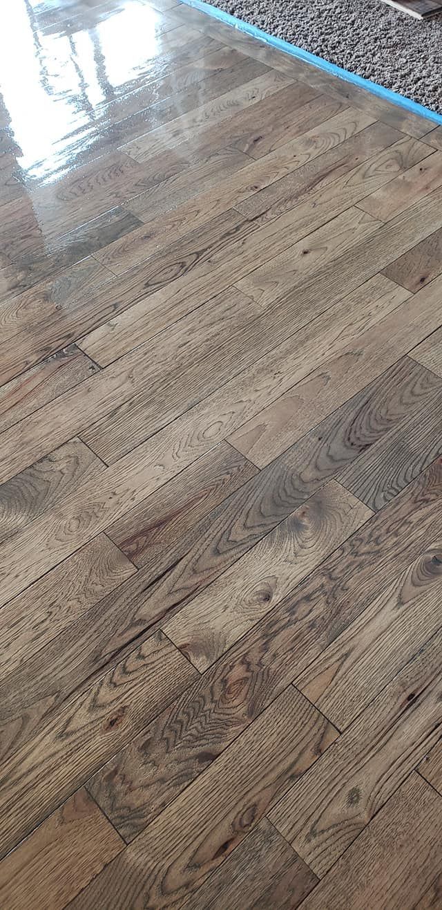 Wooden floorboards with a glossy, reflective surface.