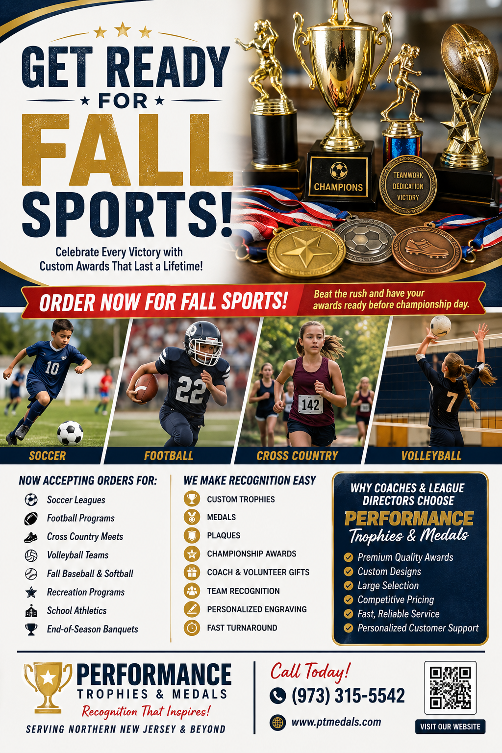 Fall sports registration flyer with trophies and youth athletes in action