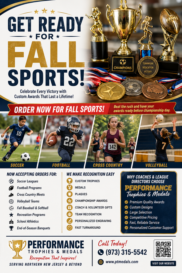 Fall sports registration flyer with trophies and youth athletes in action