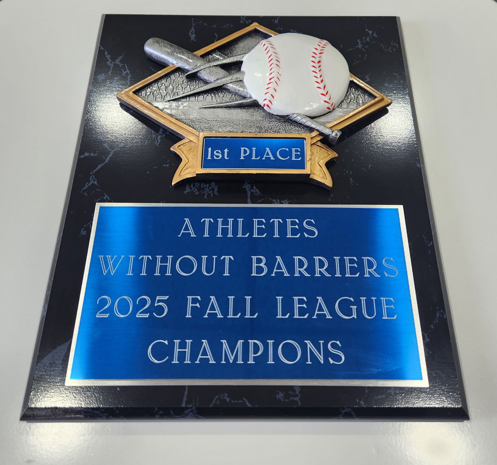 Baseball trophy for Athletes Without Barriers, Fall League Champions, 2025. Blue plaque with silver text, baseball and bat.