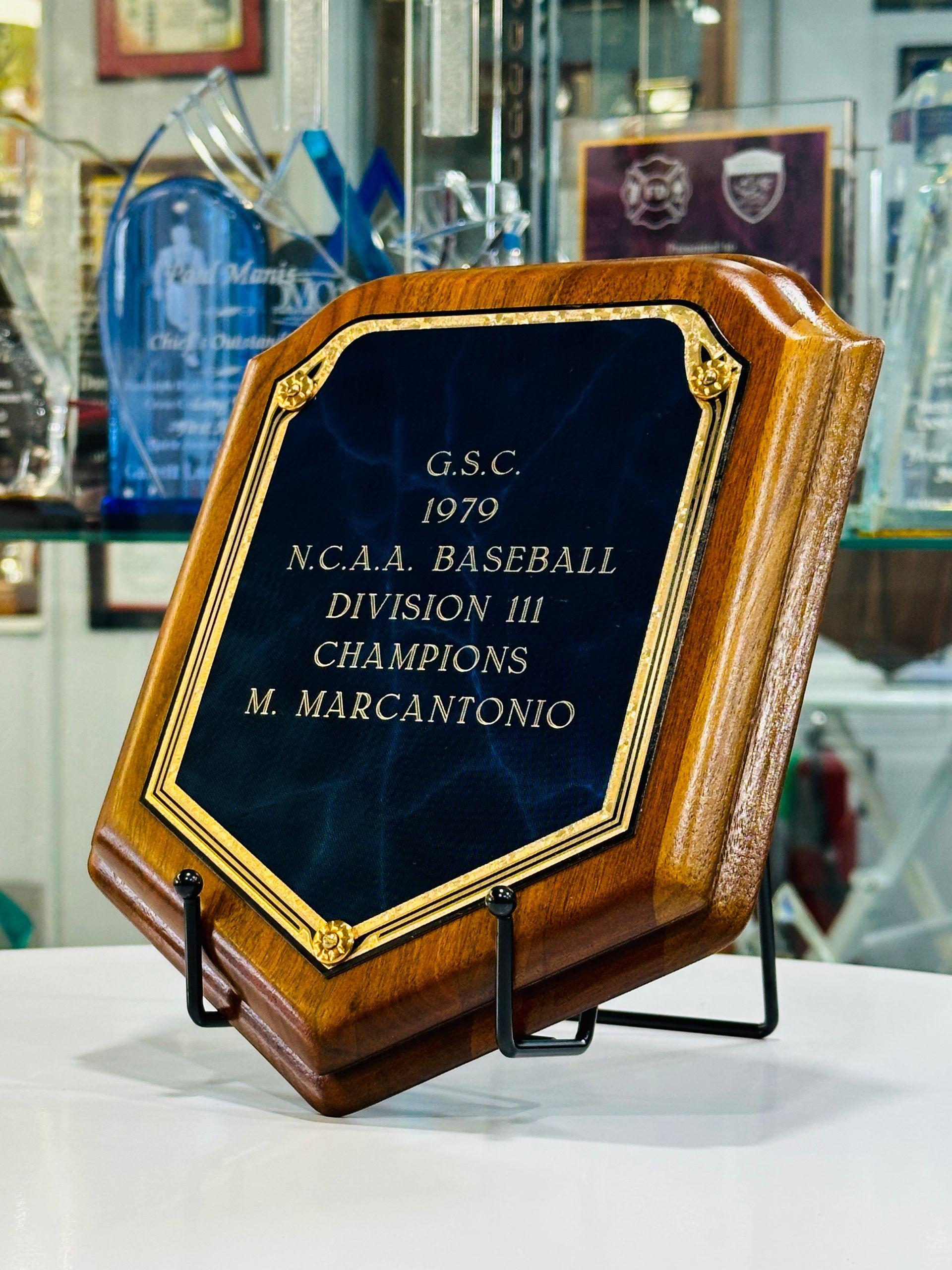 Trophy plaque: G.S.C. 1979 NCAA Baseball Division III Champions. Blue velvet background, gold trim, wooden frame, black stand.