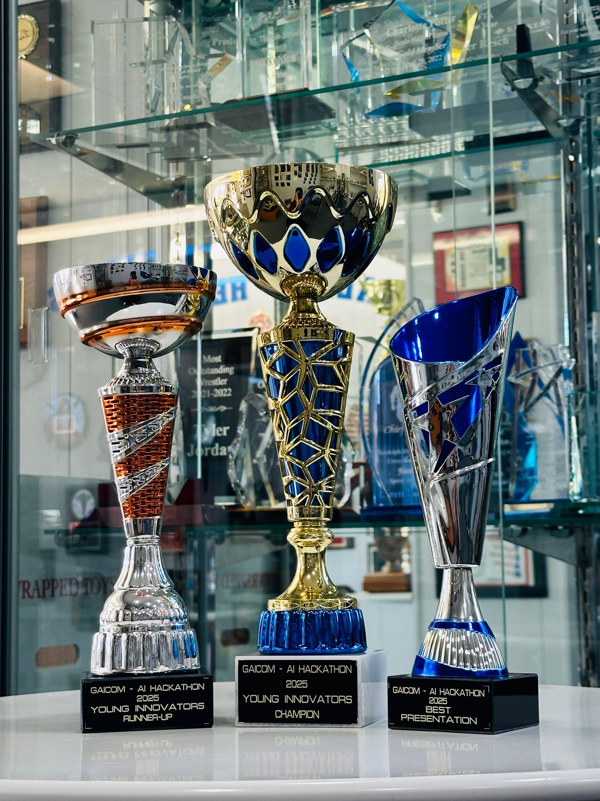 Trophies on display in a glass case. Soccer-themed, with blue, gold, silver, and orange accents. Black bases with text.