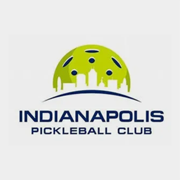 Logo for Indianapolis Pickleball Club: green pickleball shape over city skyline; navy text.