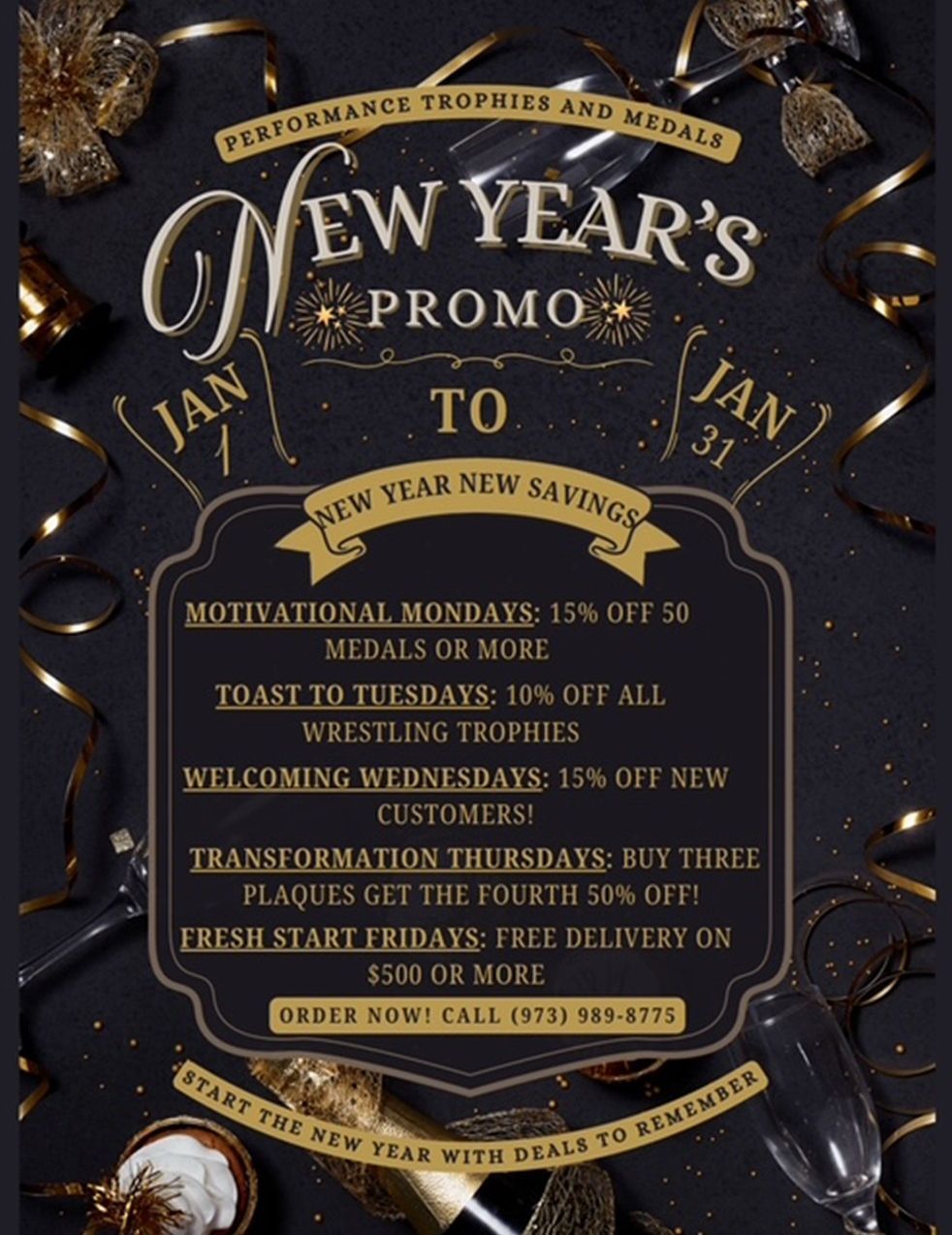 New Year's promo flyer: Discounts on trophies and medals throughout January.