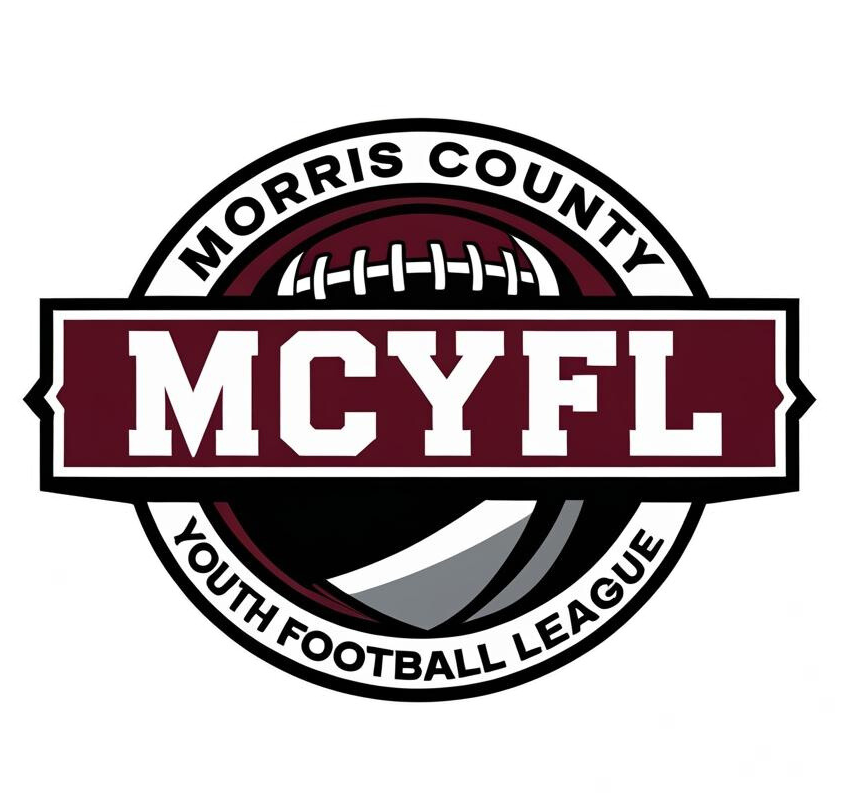 Logo for Morris County Youth Football League: football in burgundy, white, and black. Text includes