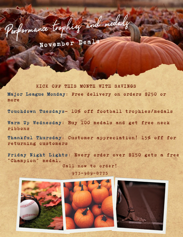 Flyer for performance trophies and medals with pumpkin, autumn leaves, and promotions for November.