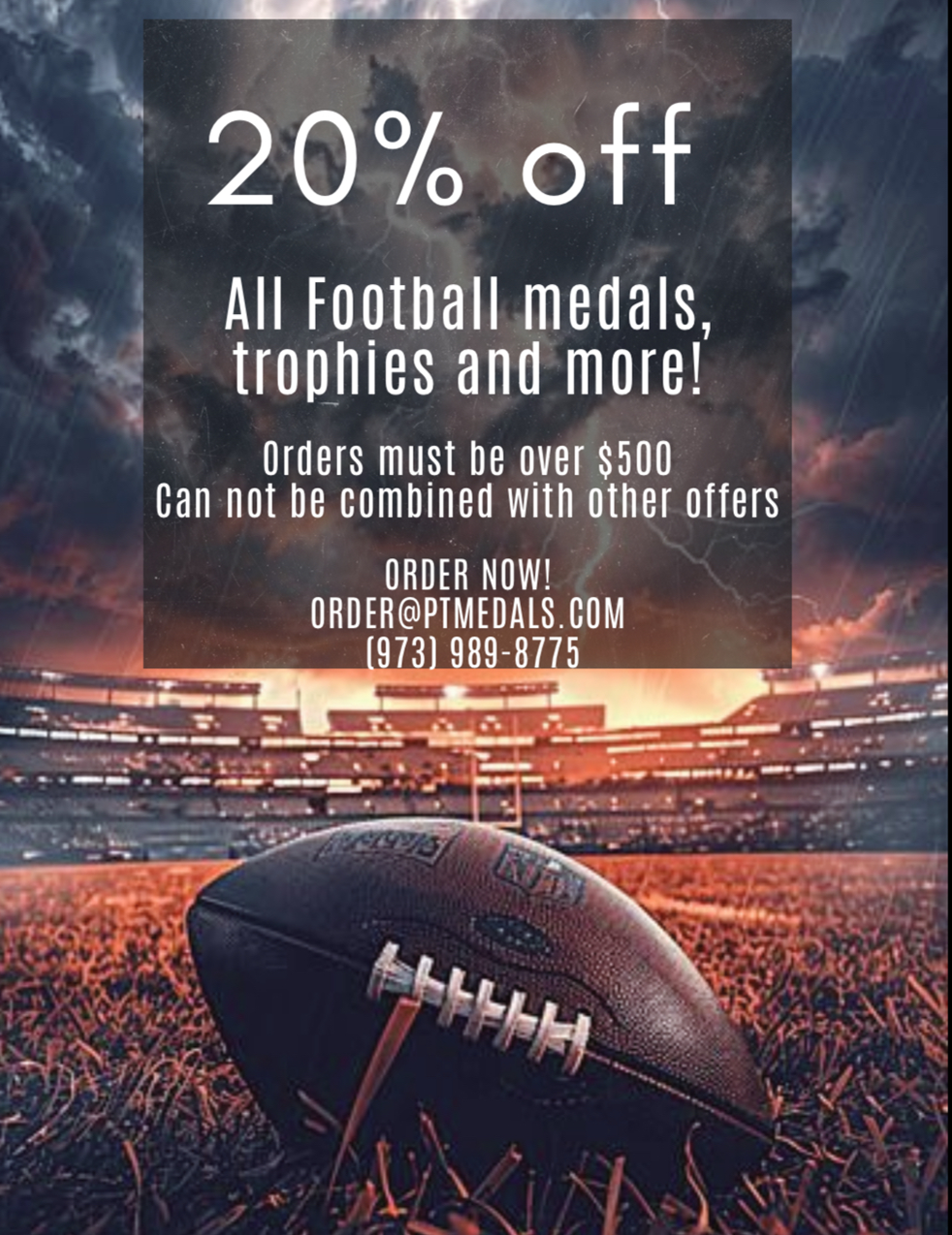 Ad for football medals and trophies, 20% off. Football on field, stadium background.