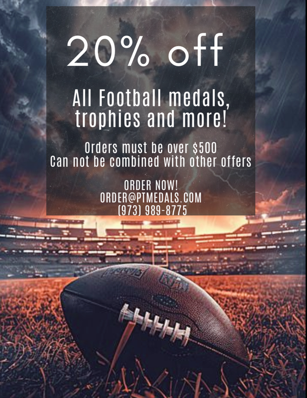 Ad for football medals and trophies, 20% off. Football on field, stadium background.