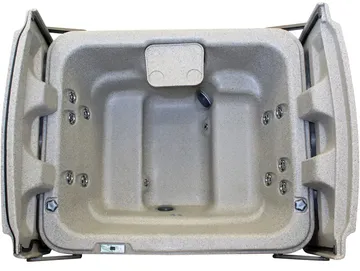 Gray molded plastic seat base with built-in armrests, shown from above and empty