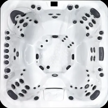 White square hot tub with multiple black jets and contoured seats, viewed from above