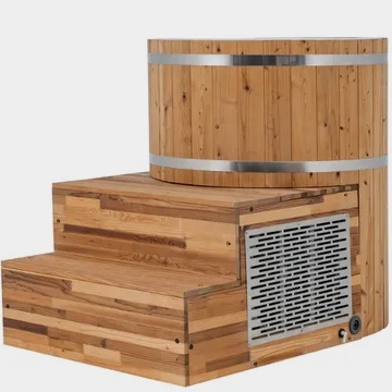 Wooden outdoor hot tub with steps and a metal vent panel on the side