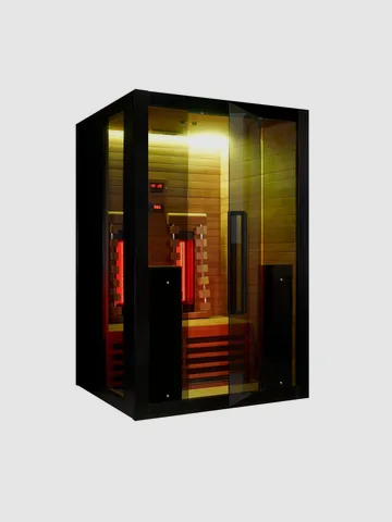 Illuminated glass-fronted server rack or cabinet with black frame and warm yellow lighting inside