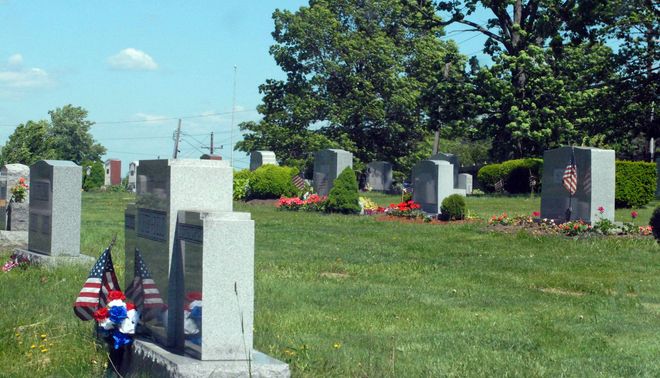 Graveyard with headstones, some with flags and flowers, on a grassy hill. Trees in background under a blue sky.