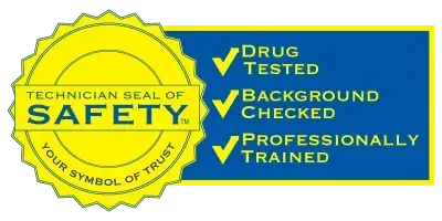 Yellow-and-blue technician safety seal with checkmarks for drug tested, background checked, professionally trained