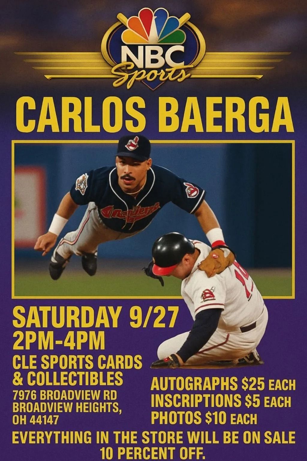 Flyer for Carlos Baerga signing at CLE Sports Cards, Sept 27, 2-4 PM. Autographs $25, photos $10. Store sale.