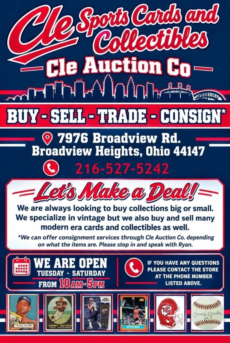 Cle Sports Cards and Collectibles auction flyer with red, blue, and white text, store address, phone, and sports card images