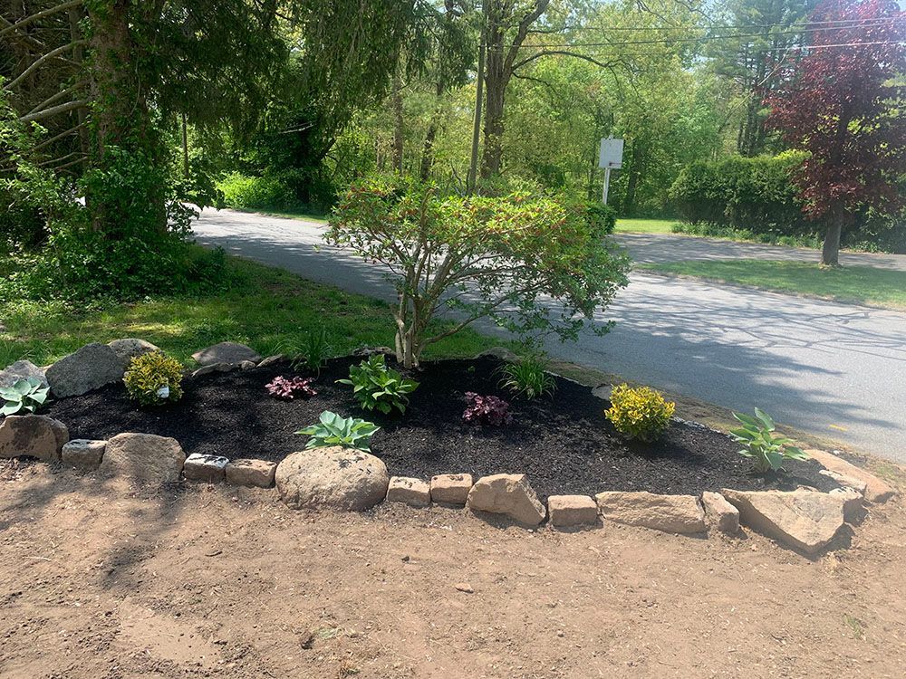 A beautiful landscaping project featuring rocks and plants.