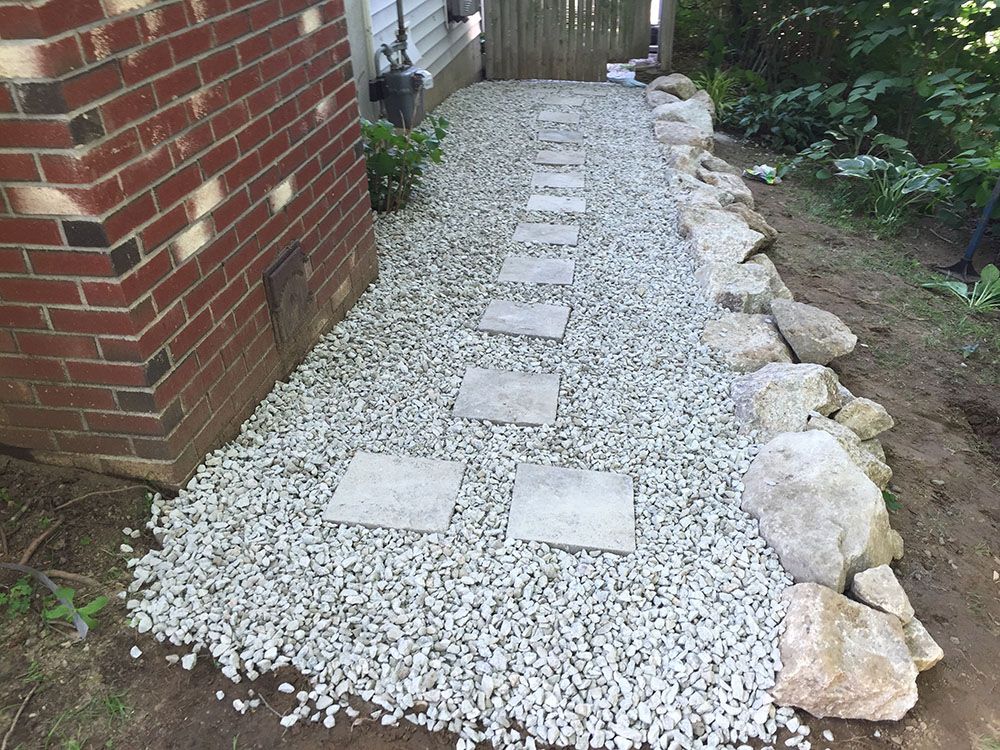 A gravel walkway bordered by stones, leading towards a brick wall.