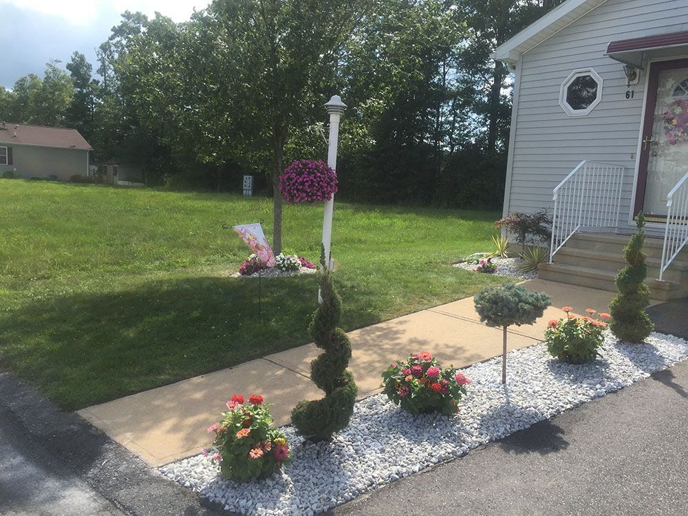 A colorful flower bed with rocks and vibrant flowers in front of a charming house.