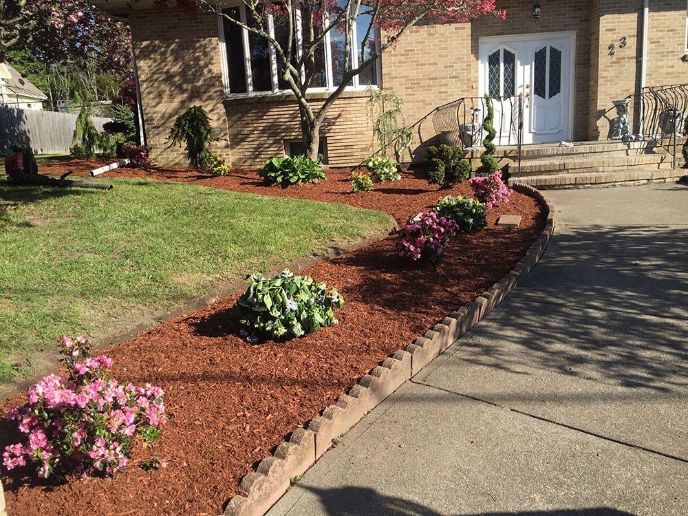 House with garden and concrete walkway.