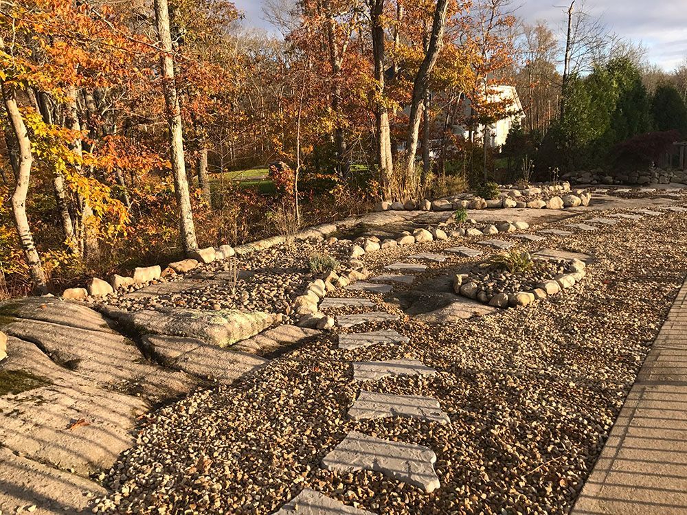 Stone garden and trees.