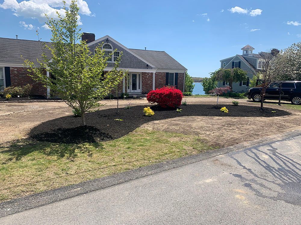 A landscaped yard with colorful flowers and mulch in front of a house.