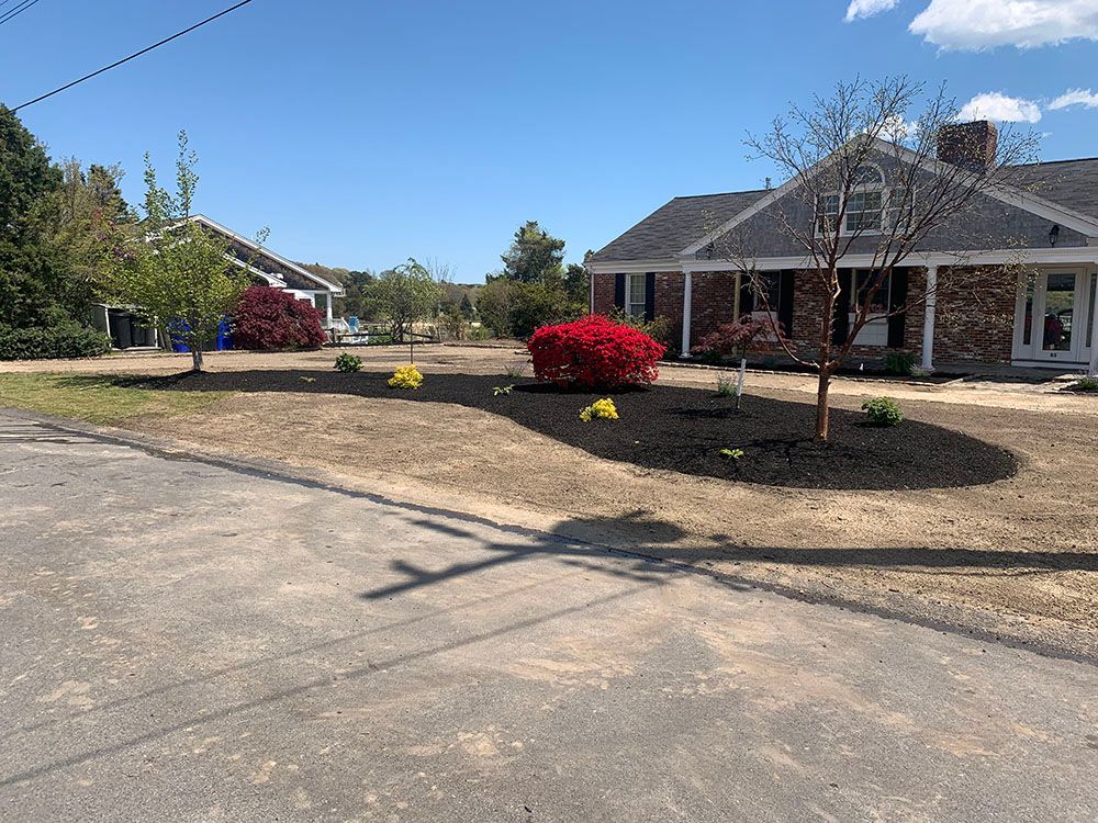 A beautifully landscaped yard in front of a house.