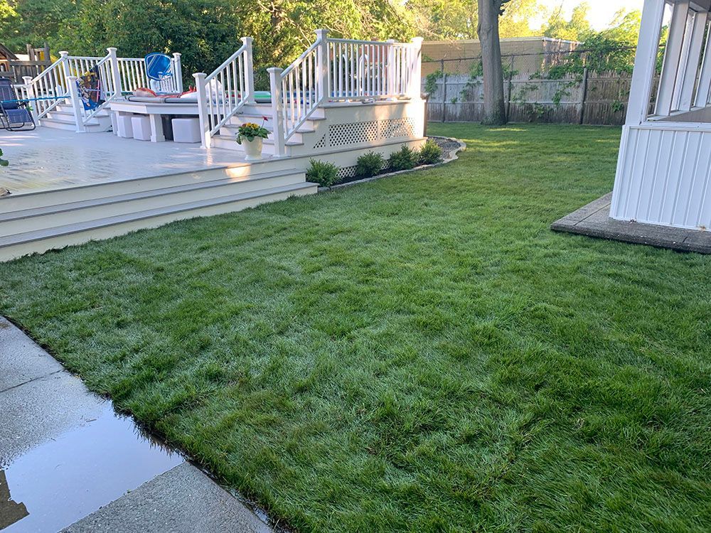 Backyard with grass lawn and wooden deck.