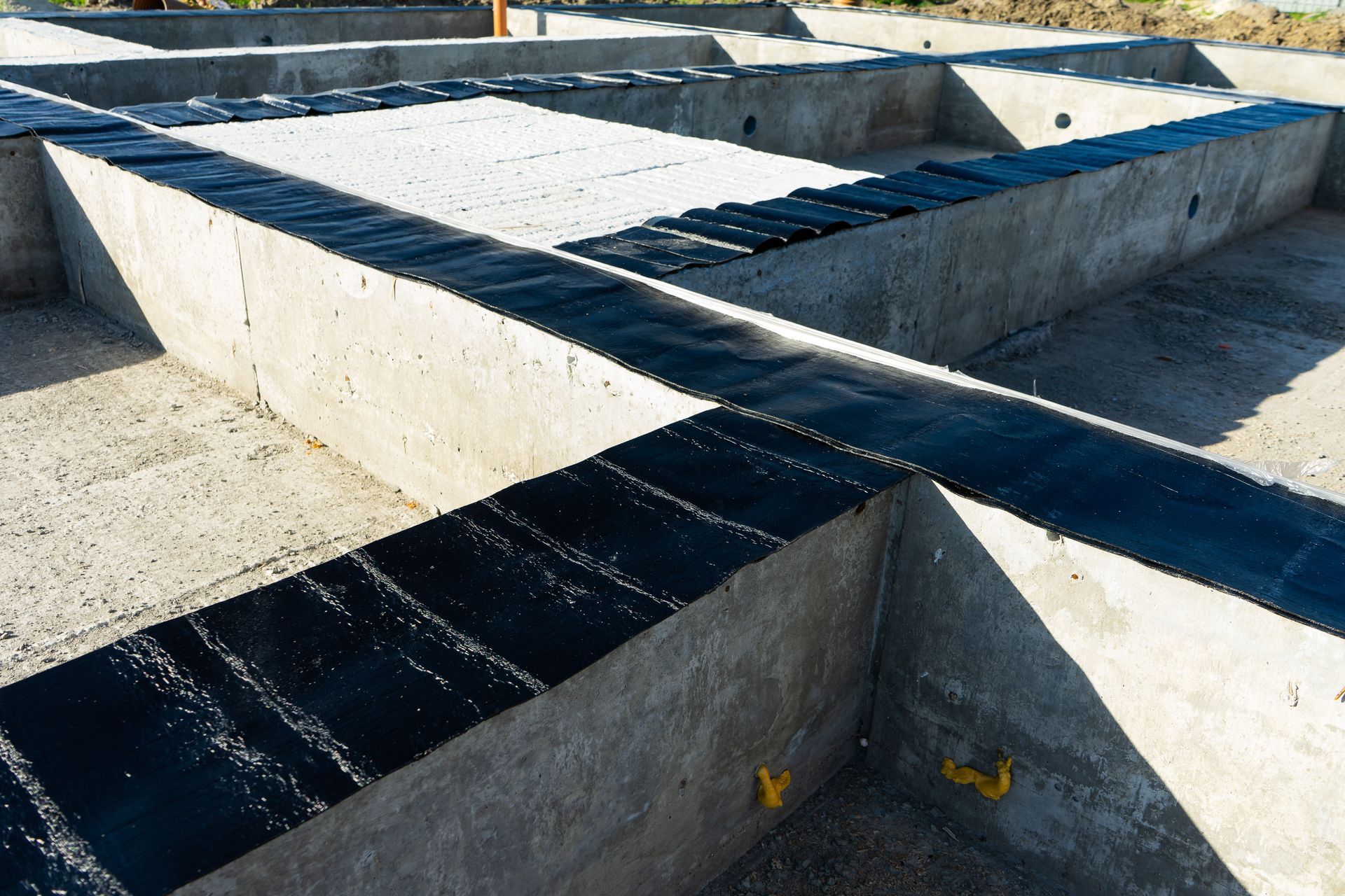 Concrete geometric benches in an outdoor plaza, crossed by dark diagonal shadows.