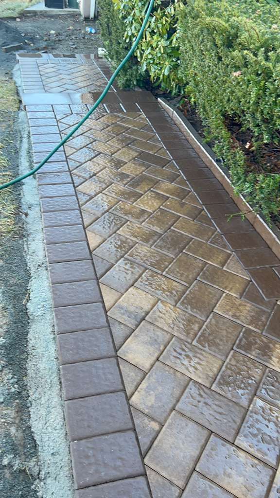 Wet brick and stone garden walkway with a green hose along the edge