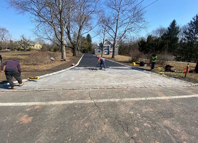 Workers paving a park path with fresh concrete, surrounded by bare trees on a sunny day