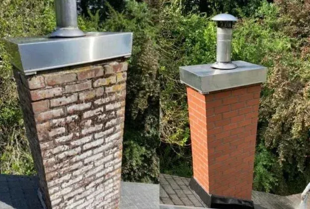 Two brick chimney stacks with metal caps on a rooftop, one weathered and one red-orange, against trees.