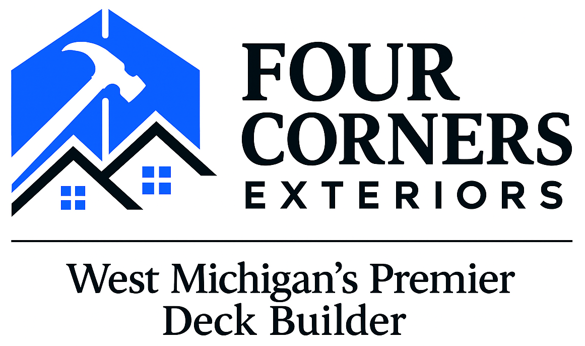 Logo with blue geometric shape and hammer, black roof, and text "Four Corners Exteriors".