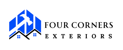 Logo with blue geometric shape and hammer, black roof, and text "Four Corners Exteriors".